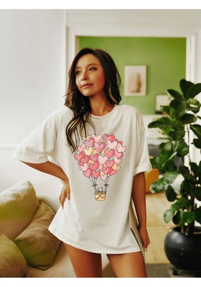 Kadın Beyaz Oversize Hearth Baskılı T-shirt Beyaz