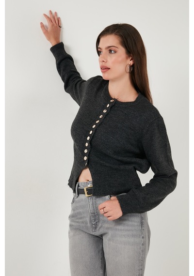 Lela Premium Comfort Fit Yuvarlak Yaka Crop Triko Bayan Hırka 680Hi00164 Antrasit