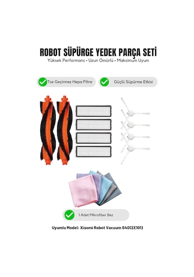 Robot Vacuum S40c E101 İle Uyumlu 2 Ana Fırça 4 Yan Fırça 4 Filtre 1 Temizlik Bezi 8.0