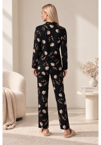 Gd Goldoremi 30185 Kadın Premium Uzun Kollu Önden Düğmeli Pijama Takım Siyah