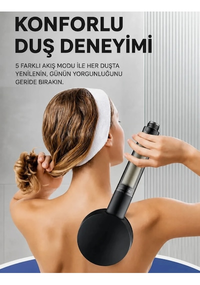 Yüksek Basınçlı Arıtmalı Masajlı 5 Fonksiyonlu Duş Başlığı 5 Adet Yedek Filtre Kireç Önleyici Tazyikli Su Tasarruflu Masajlı Banyo Başlık Seti Krom - Mat Siyah