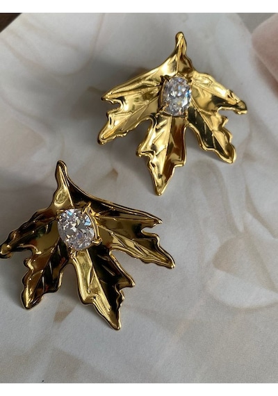 Pinery Jewels İri Taşlı Yaprak Paslanmaz Çelik Kadın Küpe Çifti Altın