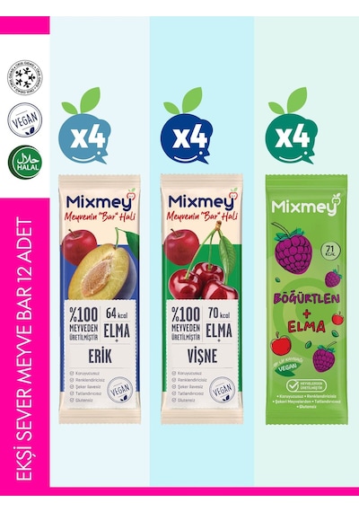 Mixmey Ekşi Sever Meyve Barı – 12 Adet | Atıştırmalıklar – Vegan, Glutensiz (20GR X 12 ADET)