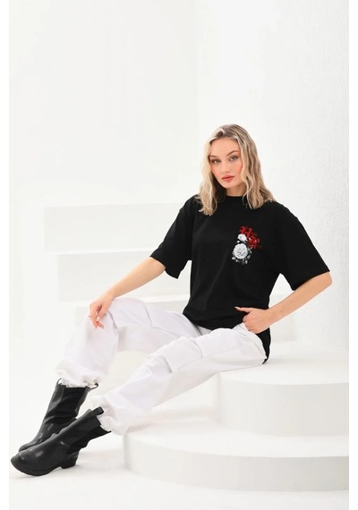 Kadın Kısa Kol Yazlık Tişört Bisiklet Yaka Baskılı Oversize T-shirt - Siyah Siyah