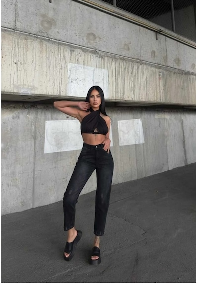 Kene Jeans Yüksek Bel Siyah İşlemli Tam Kalıp Lazer Yırtık Mom Jeans Siyah İşlemli