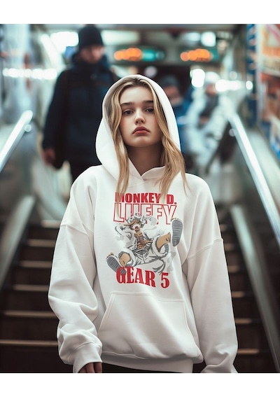 Monkey D. Luffy Gear 5 Baskılı Unisex Oversize Anime Hoodie Beyaz