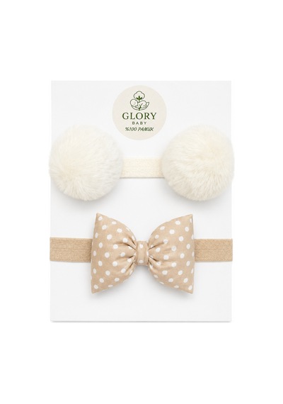 Kız Bebek Fiyonklu & Ponponlu Bandana - Saç Bandı 2'li Set Ekru - Camel Kalpli Ekru - Camel Kalpli