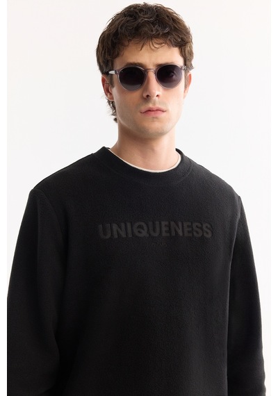 Avva Erkek Siyah Bisiklet Yaka Soft Touch Baskılı Polar Regular Fit Sweatshirt A52y1269