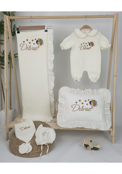 Gros Shop Müslin Yeni Doğan 4katlı Organik %100pamuk Kişiye Özgü Nakışlı Hastane Çıkış Seti Çoklu Balon Ekru