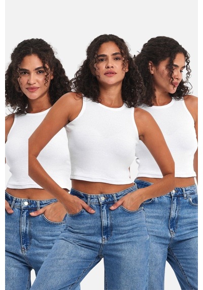 Mmetalic Fitilli Siyah Crop Halter Yaka Sıfır Kol Pamuklu 3'lü Kadın Atlet