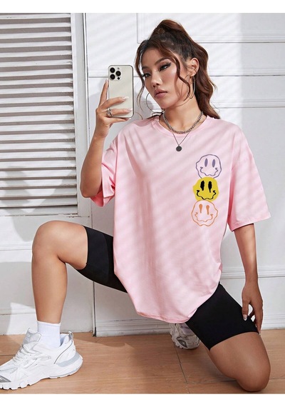 Noıssey Karikatür Ve Grafik Tasarım Oversize T-shirt Cartoon/letter Serisi Kod44 Pembe