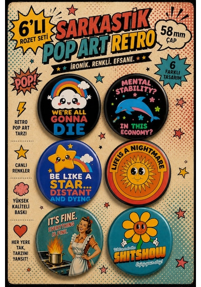 Mashspot Sarkastik Pop Art Retro Rozet Seti 6 Lı 58 Mm Renkli Eğlenceli Buton Rozet Çok Renkli