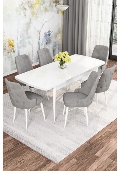 Zümra Serisi, Beyaz 80x132 Açılabilir Mdf Mutfak Masası Takımı 6 Adet Sandalye Gri
