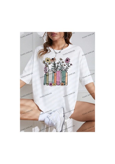Tarzsokak Unisex Bay Çiçek Desenli Düşük Omuz Tişört Kod-1315 Beyaz