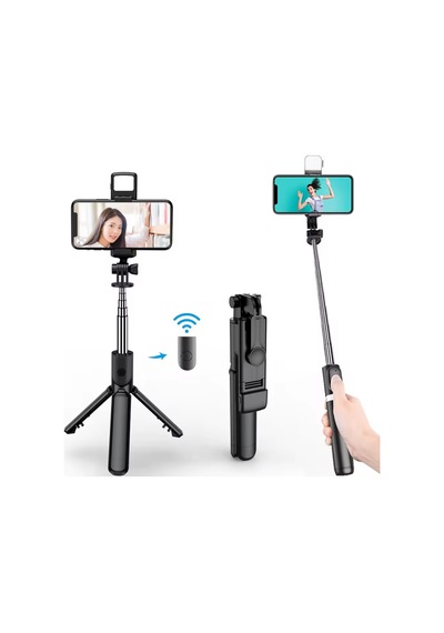 Siyah Renk Işıklı Bluetooth Kumandalı Dikey Ve Yatay Çekim Tripodlu Selfie Çubuğu Öz Çekim Tripodu