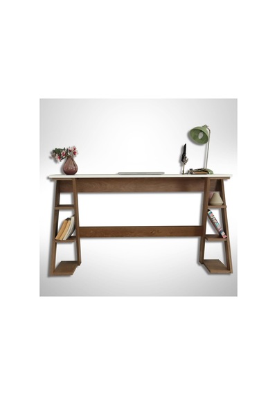 Lungo Raflı Çalışma Masası, Ofis Masası, 60x140 Cm, Koyu Meşe&beyaz Çok Renkli