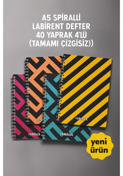 A5 Spiralli Labirent Defter 40 Yaprak 4'lü Tamamı Çizgisiz