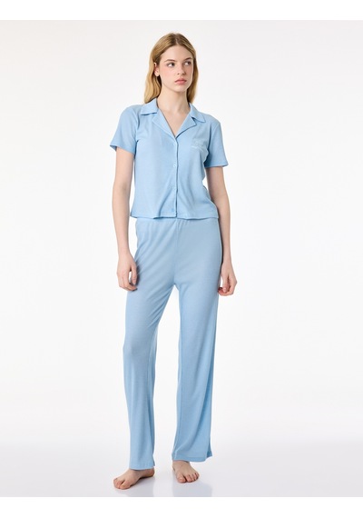 Koton Rahat Kalıp Gömlek Yaka Fitilli Pijama Takımı Mavi 6slk40088mk