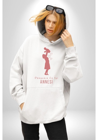 Anneler Günü Dünyanın En İyi Annesi Kadın Erkek Beyaz Kapüşonlu Sweatshirt Hoodie Beyaz