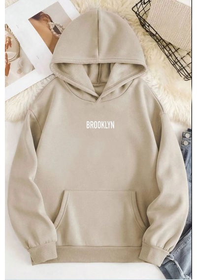 Medinenur Brooklyn Baskılı Unisex Kapüşonlu Sweatshirt Bej