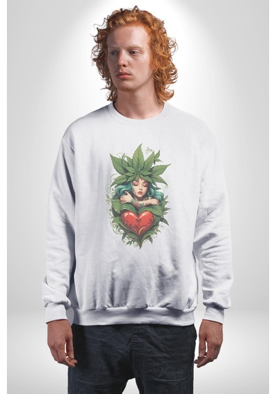 Kalp Parmak Kız Yeşillik Mutluluk Unisex Beyaz Baskılı Sweatshirt Beyaz