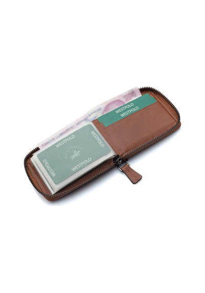 Westpolo Hakiki Deri Kağıt Para Ve Bol Şeffaf Kart Bölmeli, Fermuarlı Unisex Kartlık - 505 Taba