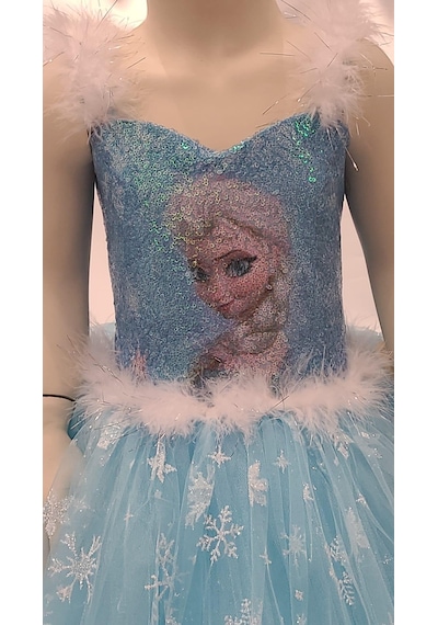 Okay Kız Çocuk Tarlatanlı Simli Frozen Abiye-8076-mavi Mavi