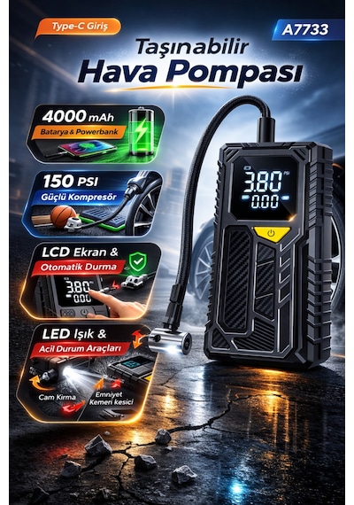 Taşınabilir Hava Pompası 150 Psı Kablosuz Kompresör 4000 Mah Powerbank Led Işıklı Oto Pompası