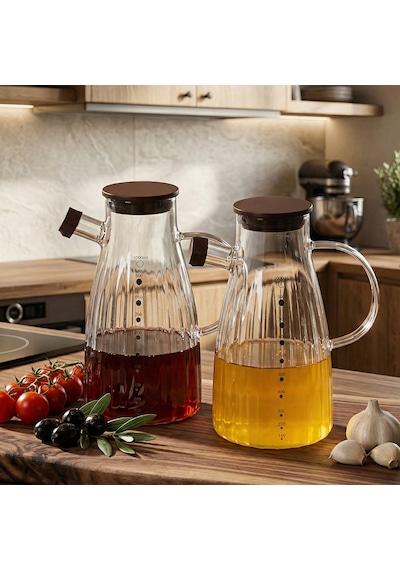 Porsima Lm-0053 Alvera Kapaklı Borosilikat Cam 2li Yağlık Sirkelik Yağdanlık Seti 1000ml Şeffaf
