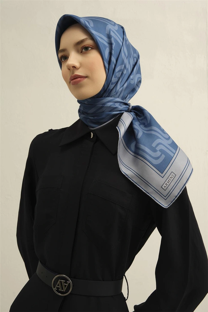 Armine Klasik Desenli Saf İpek Sura Eşarp 9343d 03 Mavi