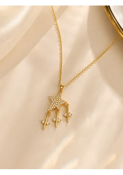 Zirkon Taşlı Sallantılı Gold Çelik Kolye