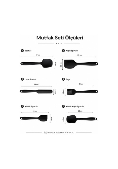 6'lı Siyah Silikon Mutfak Seti Yanmaz Yapışmaz Spatula Kaşık Fırça Pasta Hamur 20-27 cm