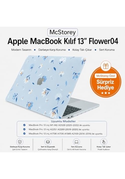Macbook Pro 13 Çiçek Desenli Kılıf A1706 A1708 A1989 A2159 A2251 A2289 A2338 M1 M2 Uyumlu Baskılı Sert Kılıf İnce Hafif Koruyucu Kapak Açık Mavi