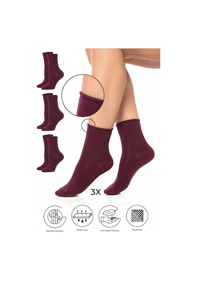 Saysez Bambu Kadın Lastiksiz Bordo Soket Dikişsiz Premium Çorap 3'lü Paket / İz Bırakmaz / Sıkmayan Çorap