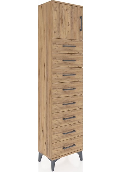 Arges Dolap Tek Raflı 8 Çekmeceli Tek Kapaklı 44x30x182 Çam-çam Çam