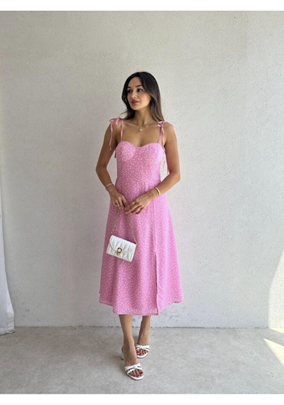 Fiyonk Askılı Yırtmaç Detaylı Puantiyeli Midi Elbise Mavi / Pembe / Vizon / Somon Pembe
