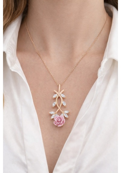 Çekirdekjewelry 925 Ayar Gümüş Pembe Güllü Kolye Rose