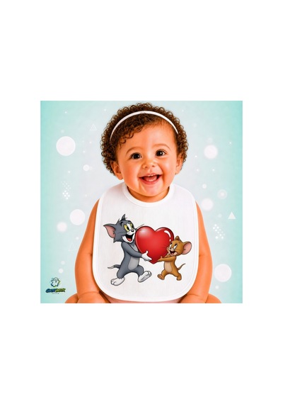 Tom Ve Jerry Keten Bebek Mama Önlüğü Yumuşak - Emici - Yıkanabilir - Özel Tasarım P197 Çok Renkli