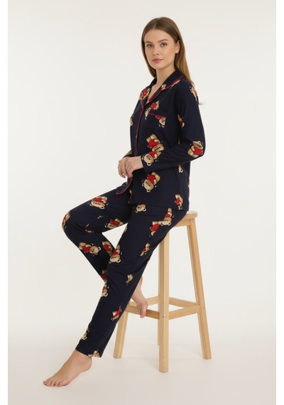 Luxury Soft Lacivert Ayıcık Desenli Uzun Kollu Kadın Pijama Takımı 3057 Siyah