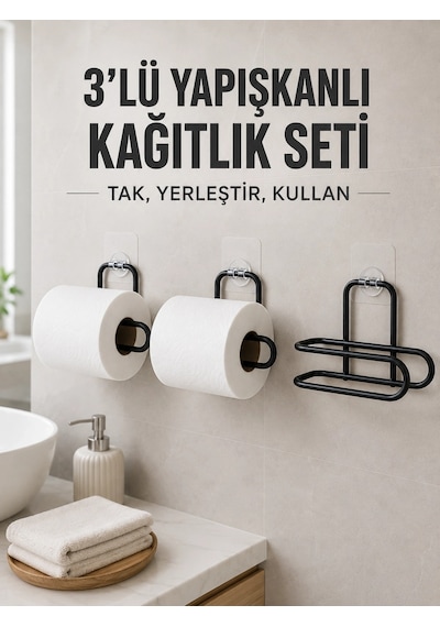 Mey İthalat 3 Lü Siyah Duvar Tipi Kağıtlık Seti Yapışkanlı Pratik Rulo Tutucu Çok Renkli