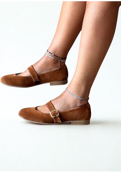 Ne&ve Shoes Taba Süet Hakiki Deri Yuvarlak Burunlu Tokalı Kadın Babet