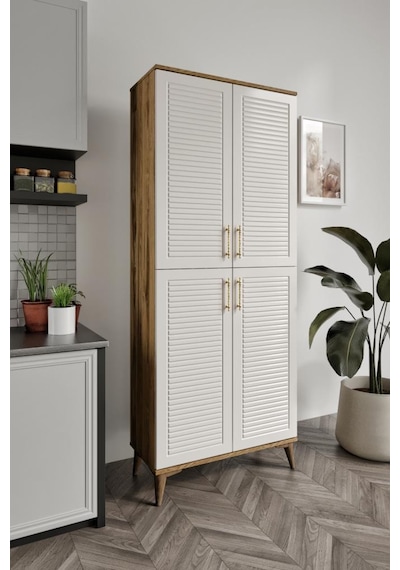 Panjurlu Metal Kulp Pnj4190 Çok Amaçlı Dolap 4 Kapaklı Mutfak Dolabı Balkon Dolabı Kiler Banyo Dolabı Ayakkabılık Ekru Ceviz