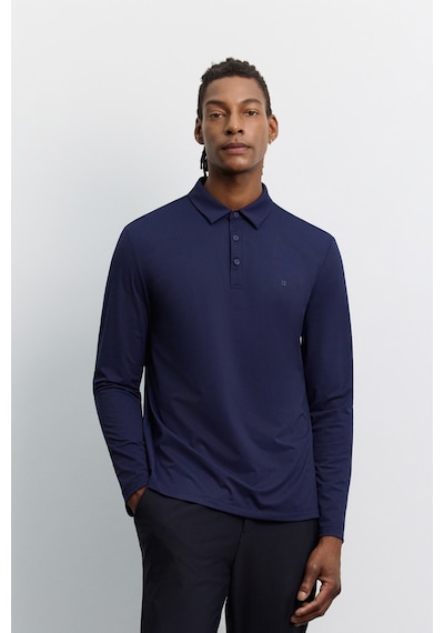 Avva Erkek Lacivert Polo Yaka Düğmeli Teknik Kumaş Uzun Kol Basic Regular Fit T-shirt A62y1014