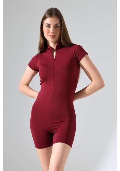 Winmoda34 Kadın Deniz Tulumu Kısa Kollu Önden Fermuar Detaylı Bordo