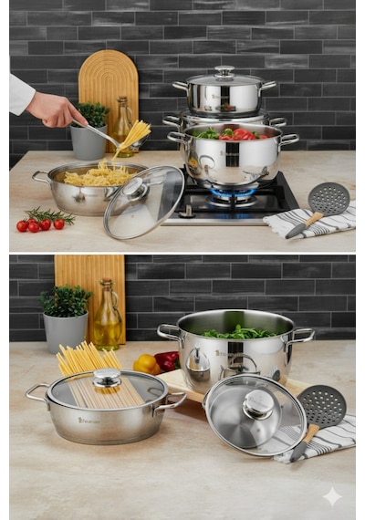 Polochef Vistal 18/10 Paslanmaz Çelik 8 Parça Derin Ve Pilav Tencere Seti 16-20-24 Cm-24cm Gümüş