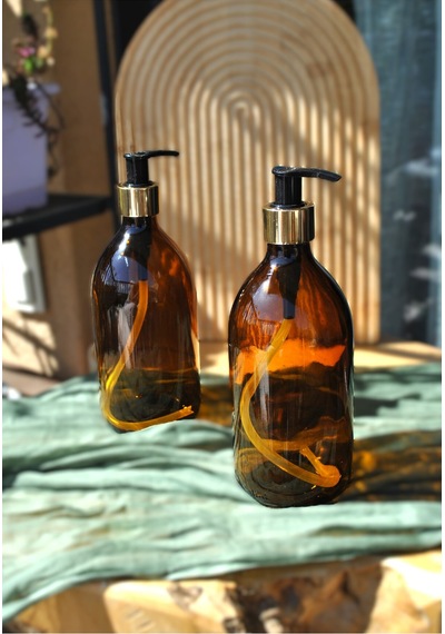 Buççin Online Mağaza 2'li Amber Cam Sıvı Sabunluk 500 Ml Gold Kapaklı Tezgah Üstü Banyo Mutfak Duş Jeli Ve Şampuan Şişe Çok Renkli
