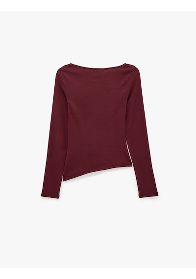 Koton Pamuklu Asimetrik Kayık Yaka Kolsuz Slim Fit Uzun Kollu Tişört Bordo 7wal10143ık