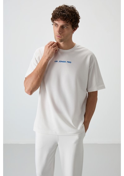 Air Jones Tommy Life Ekru Pamuklu Kalın Yüzeyi Dokulu Oversize Fit Baskılı Erkek T-shirt - 88364 Ekru