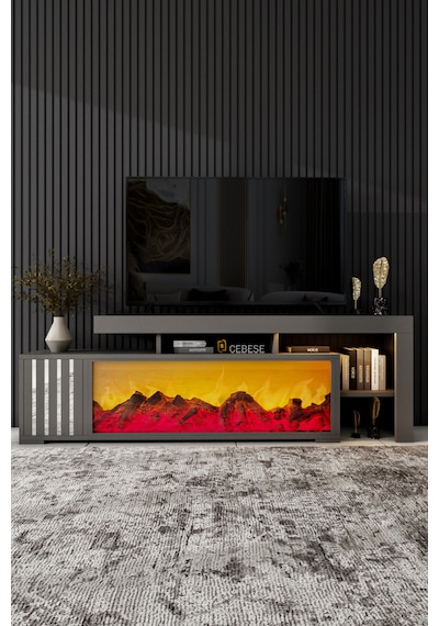 Dekoratif Elektrikli Yapay Şömine Ve Tv Ünitesi 160cm X 52cm Kumandalı Bluetooth Ses Antrasit
