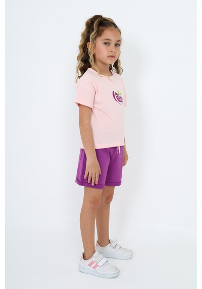 Toontoy Kids Toontoy Kız Çocuk 2'li Takım Baskılı Bisiklet Yaka T-shirt & Beli Lastikli Şort Pudra